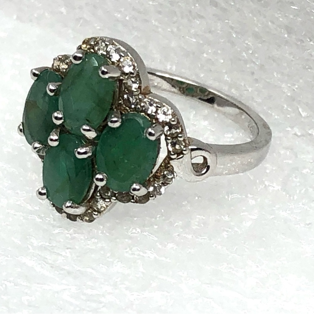 Green Emerald Ring Rhodium Over Sterling Silver Size 6